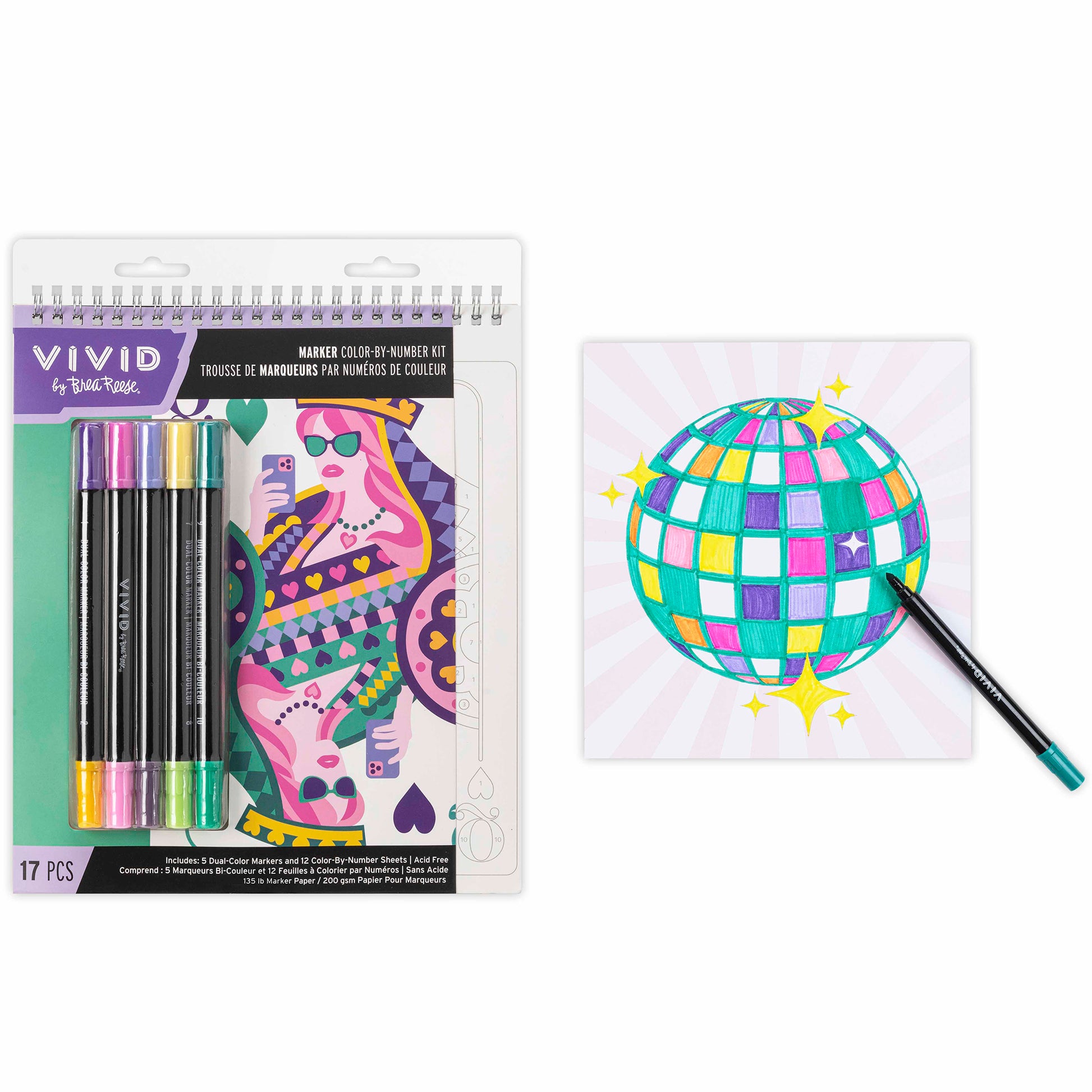 Vivid by Brea Reese Color-By-Number Marker Kit with disco ball design and colorful dual-tip markers