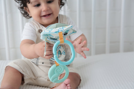 Toddler holding blue seahorse-shaped teether toy with textured rings, modeled by a child