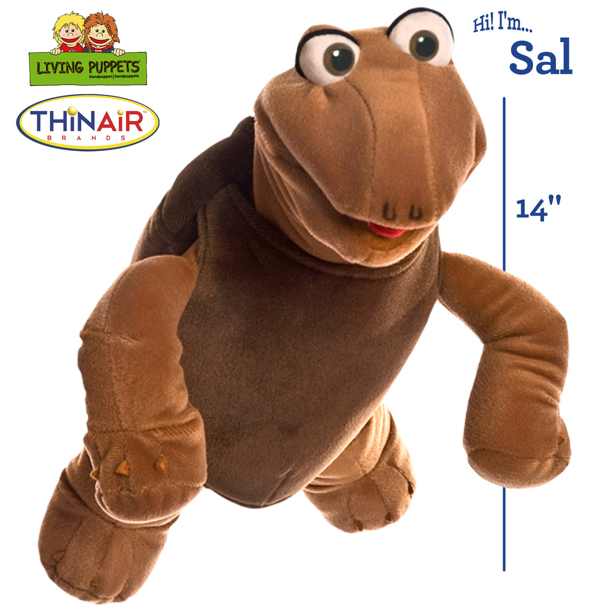 Sal The Turtle hand puppet by Living Puppets, brown turtle character with large eyes and red mouth, 14 inches tall