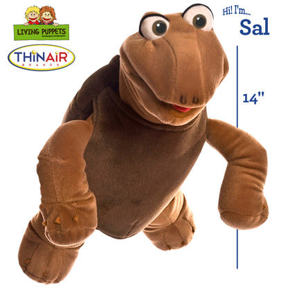 Sal The Turtle hand puppet by Living Puppets, brown turtle character with large eyes and red mouth, 14 inches tall