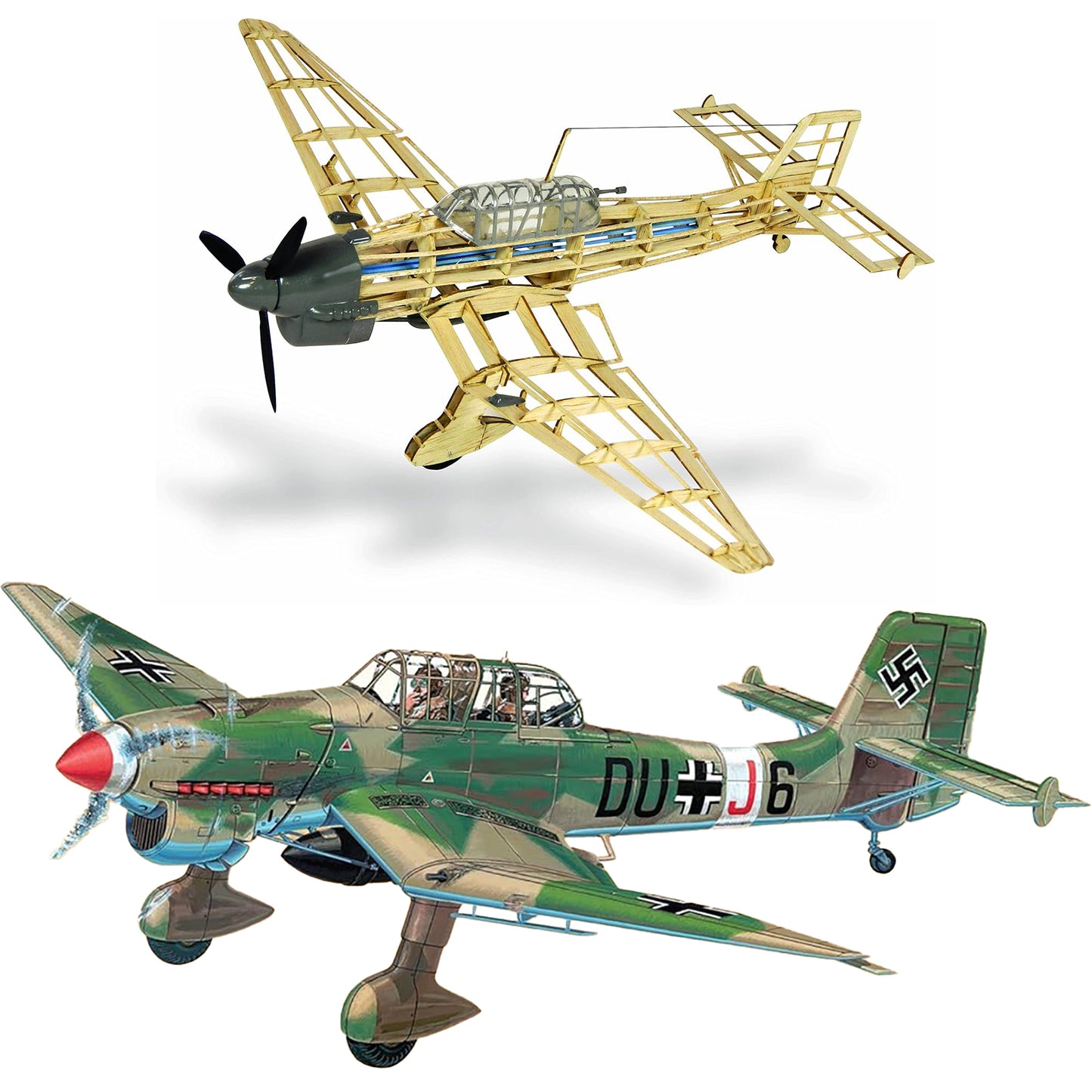 Junkers JU 87-B Stuka Model Kit with wooden frame assembly and green painted aircraft