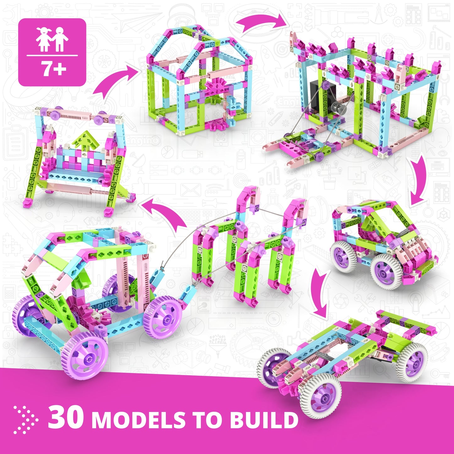Engino Creative Builder 30-in-1 motorized toy vehicle set with pink, green, and blue snap-together bricks for kids 7+