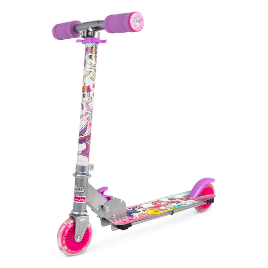 Unicorn-themed scooter with purple handlebar grips, unicorn graphics on white stem, pink wheels, and foldable metal deck against plain white background