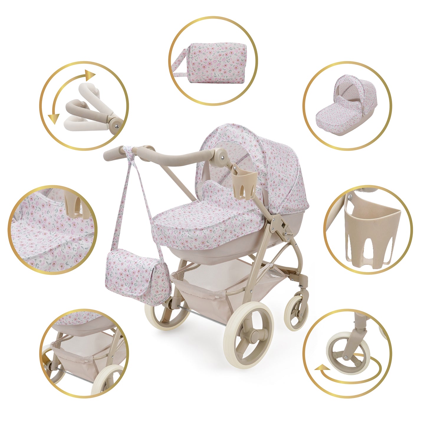 509 Crew Little Flora Bella 2-in-1 pink doll pram with convertible stroller features