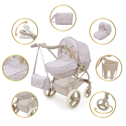 509 Crew Little Flora Bella 2-in-1 pink doll pram with convertible stroller features