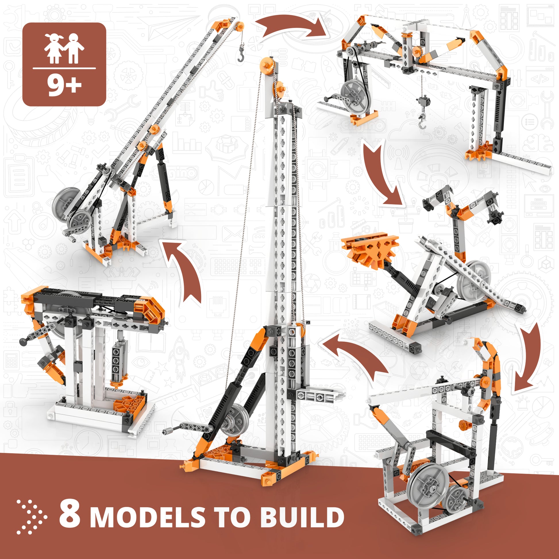 Engino Pulley Drives 8-model STEM building set with orange and gray snap-fit construction pieces for kids 9+