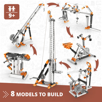 Engino Pulley Drives 8-model STEM building set with orange and gray snap-fit construction pieces for kids 9+