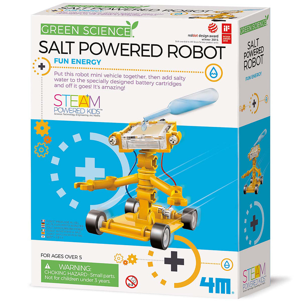 Green Science Salt-Powered Robot yellow STEM toy with water dropper and wheels