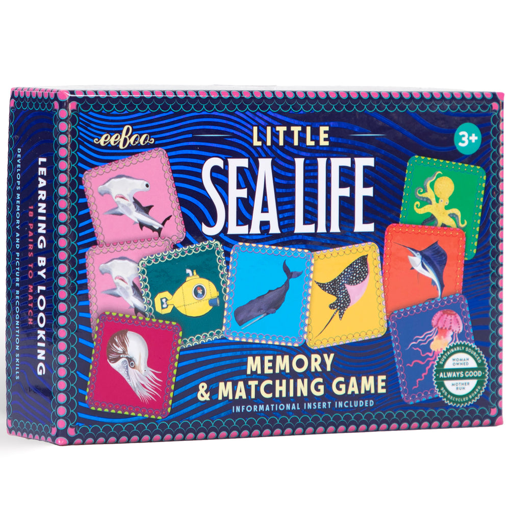 Little Sea Life Memory & Matching Game box featuring colorful sea creature cards on blue background