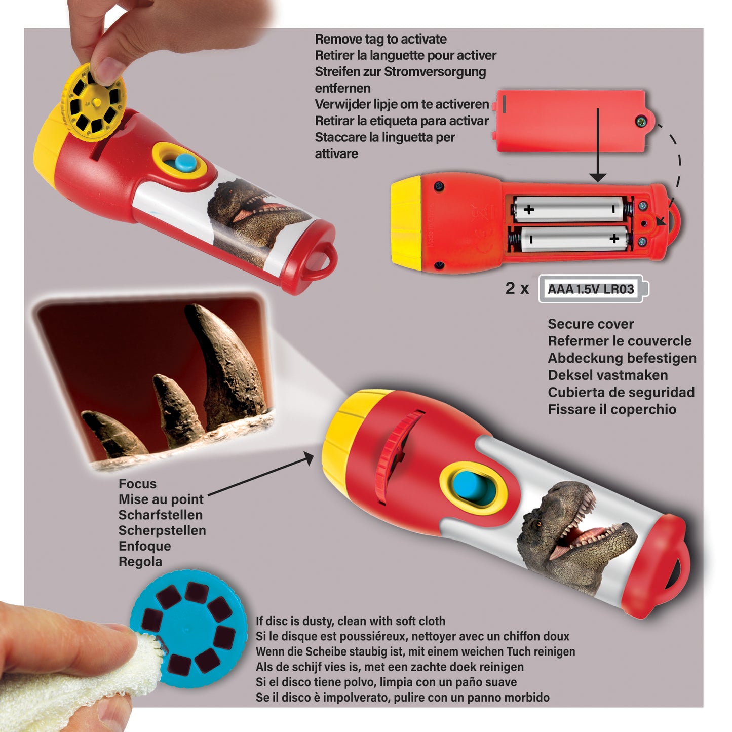 Natural History Museum Dinosaur Torch Projector red flashlight with yellow accents and 24 dinosaur images