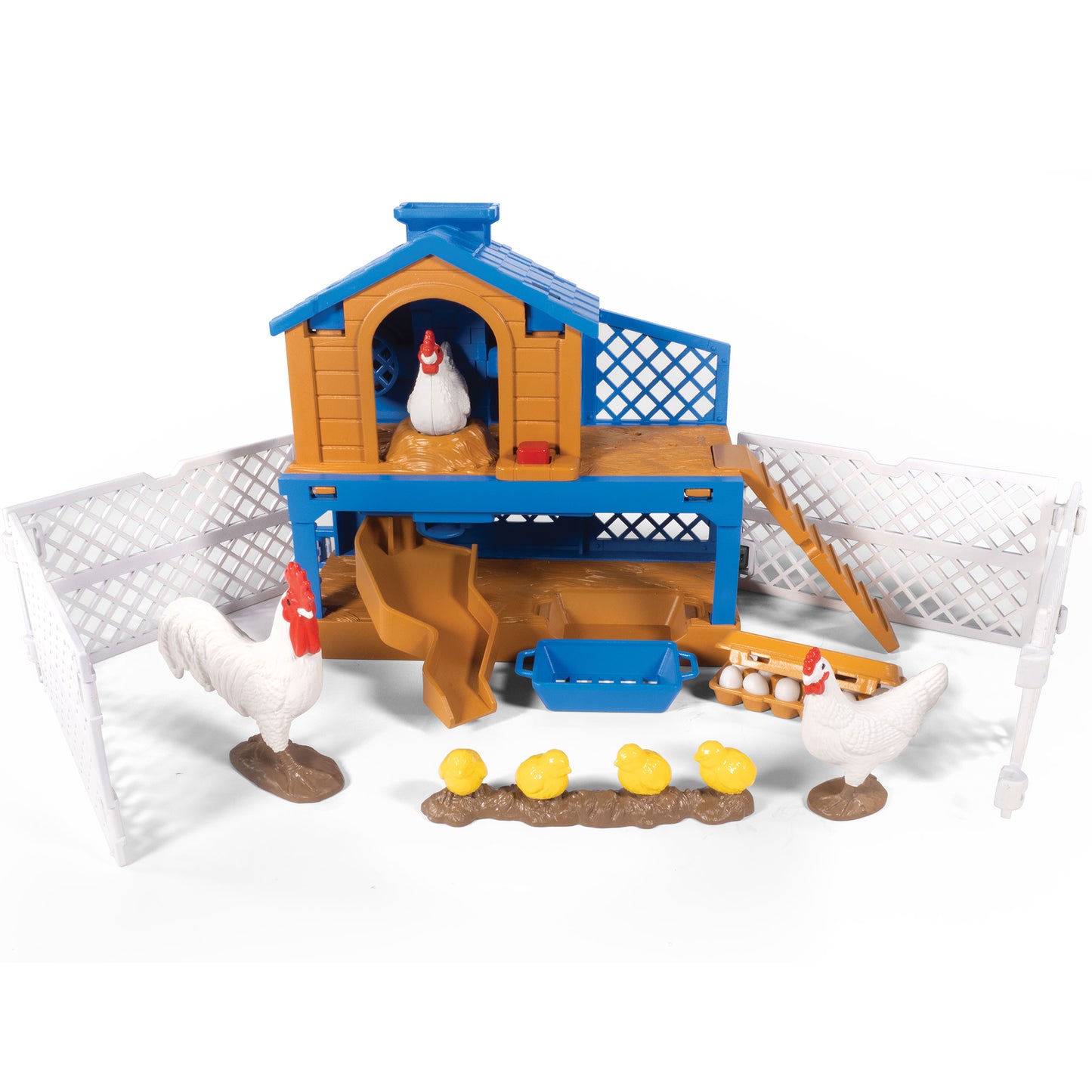 Big Country Toys Chicken Coop Adventure playset with blue and orange coop, white chickens, and farm accessories