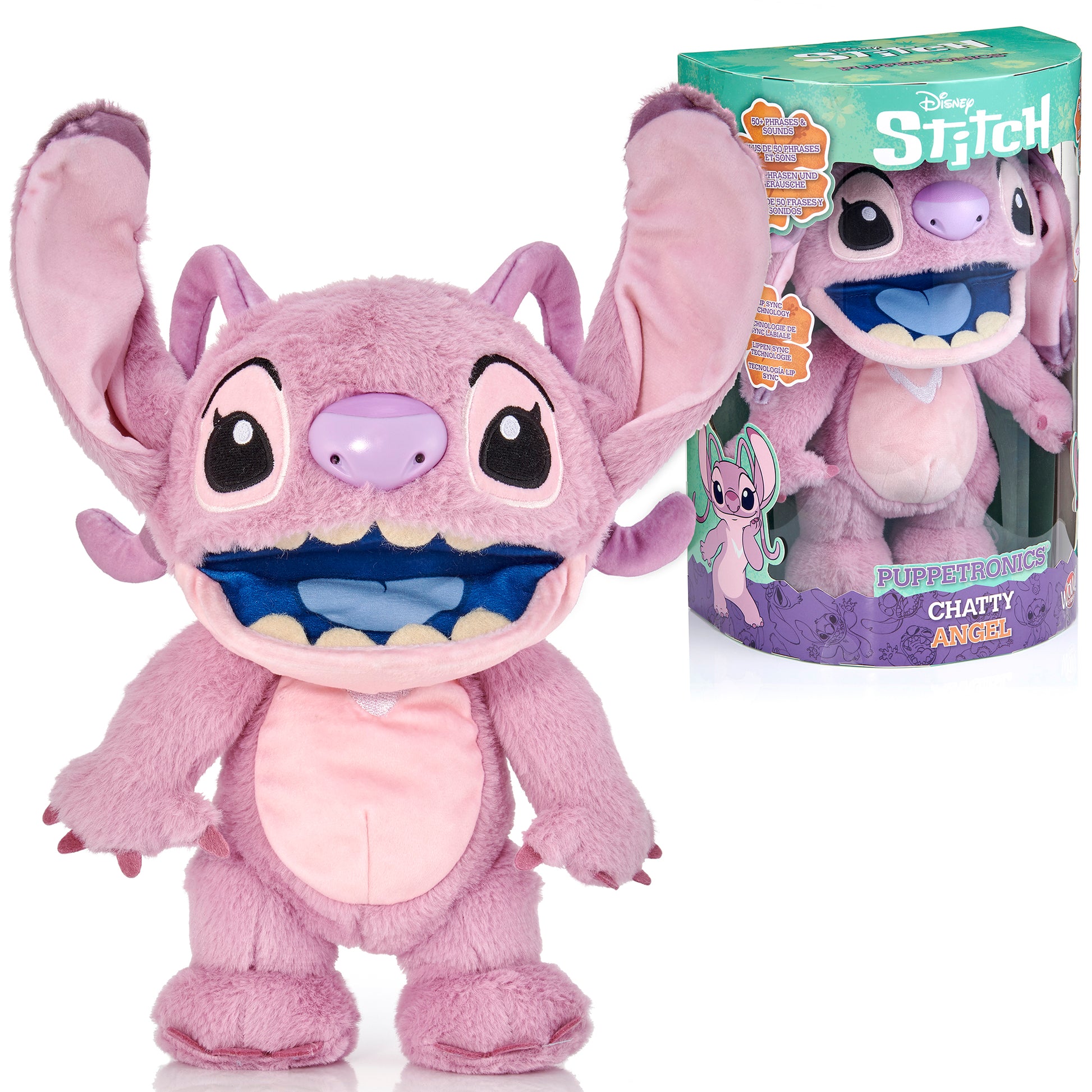 Disney Stitch Chatty Angel pink plush toy with interactive puppet features and sounds