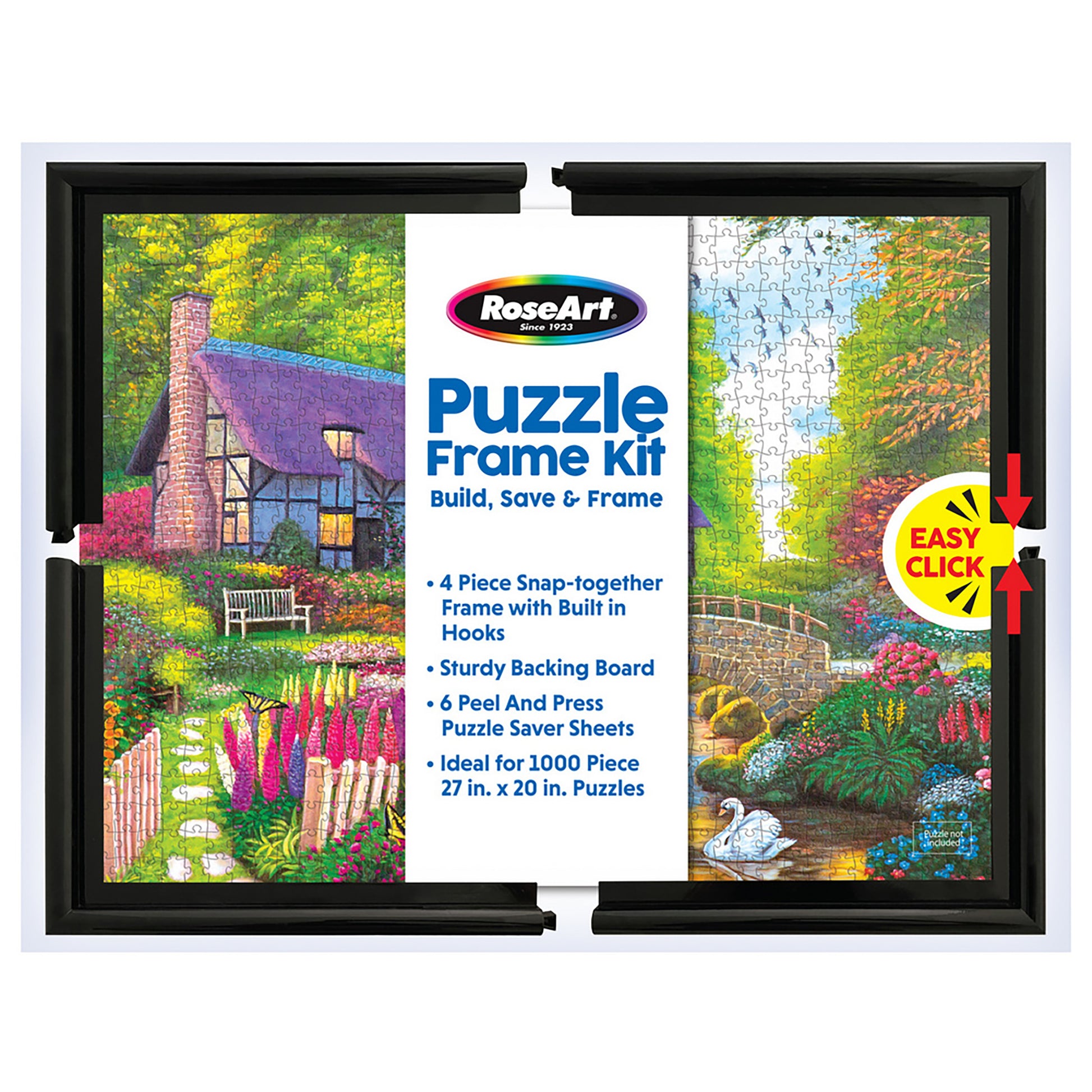 RoseArt Puzzle Frame Kit with black frame, featuring colorful garden scene puzzle display