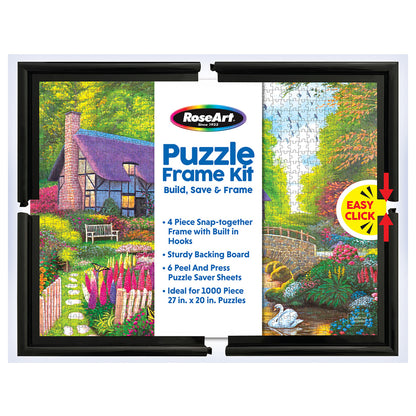 RoseArt Puzzle Frame Kit with black frame, featuring colorful garden scene puzzle display