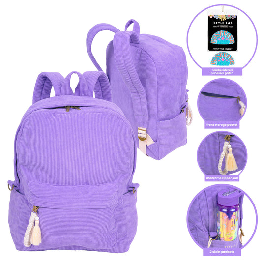Periwinkle corduroy backpack with front storage pocket, macrame zipper pull, embroidered brain patch, and side pockets, shown front and back views