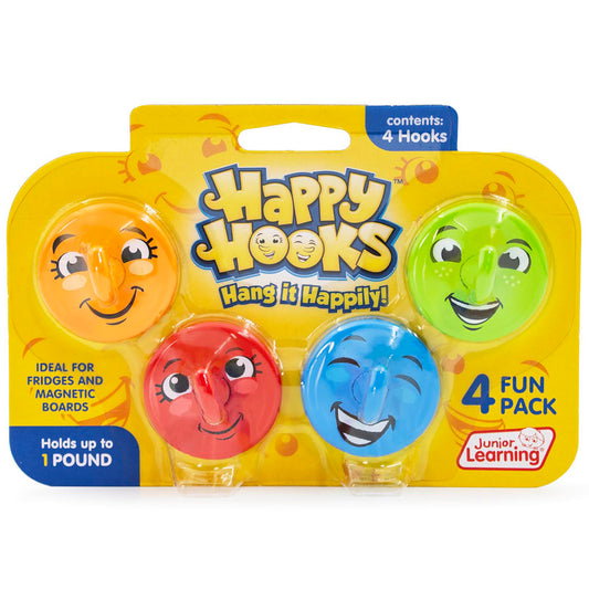 Happy Hooks 4-pack magnetic hooks with smiling faces in orange, green, red, and blue