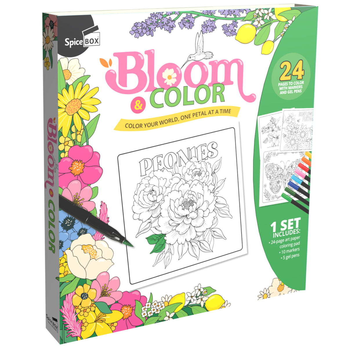 Spice Box Bloom & Color floral coloring set with 24-page pad, markers, and gel pens
