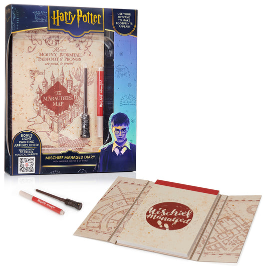 Harry Potter Mischief Managed Diary set with Marauders Map cover, invisible ink pen, UV wand, and red light-painting stylus displayed with packaging box