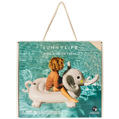 Sunnylife Eli The Elephant Ride-On Pool Float with handles in white and gray