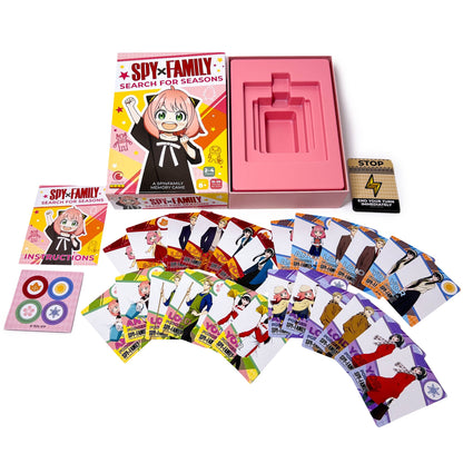 Spy x Family Search for Seasons memory game with pink box, character cards, and season tokens for 2-4 players