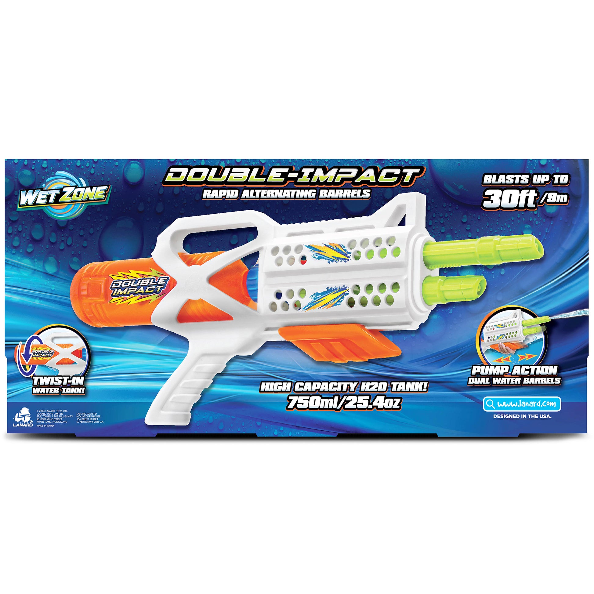 Water Blaster Double Impact with dual barrels, orange and white design, 750ml tank capacity