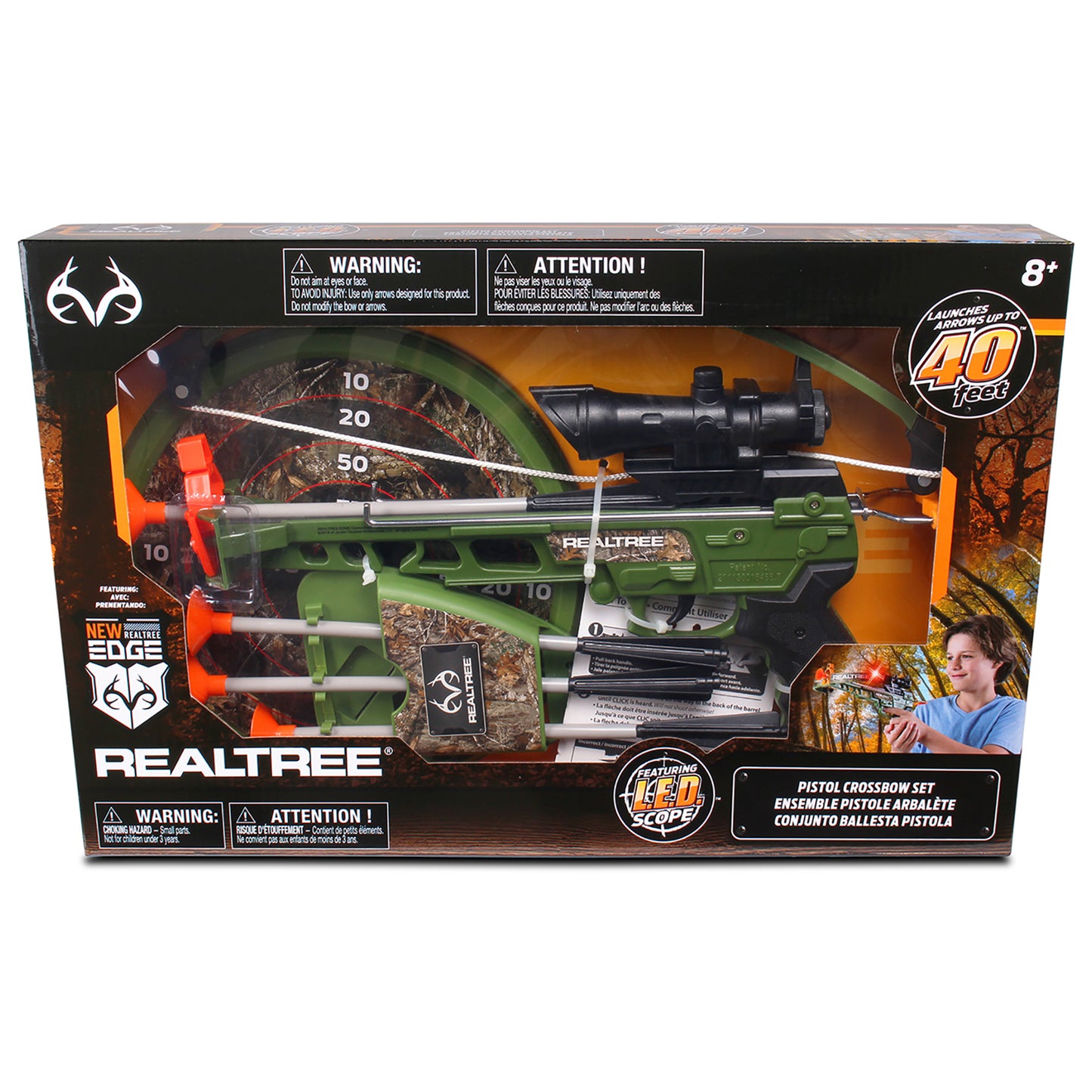 RealTree Pistol Crossbow Set green toy with arrows, target, and LED scope