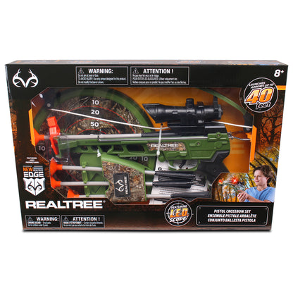 RealTree Pistol Crossbow Set green toy with arrows, target, and LED scope