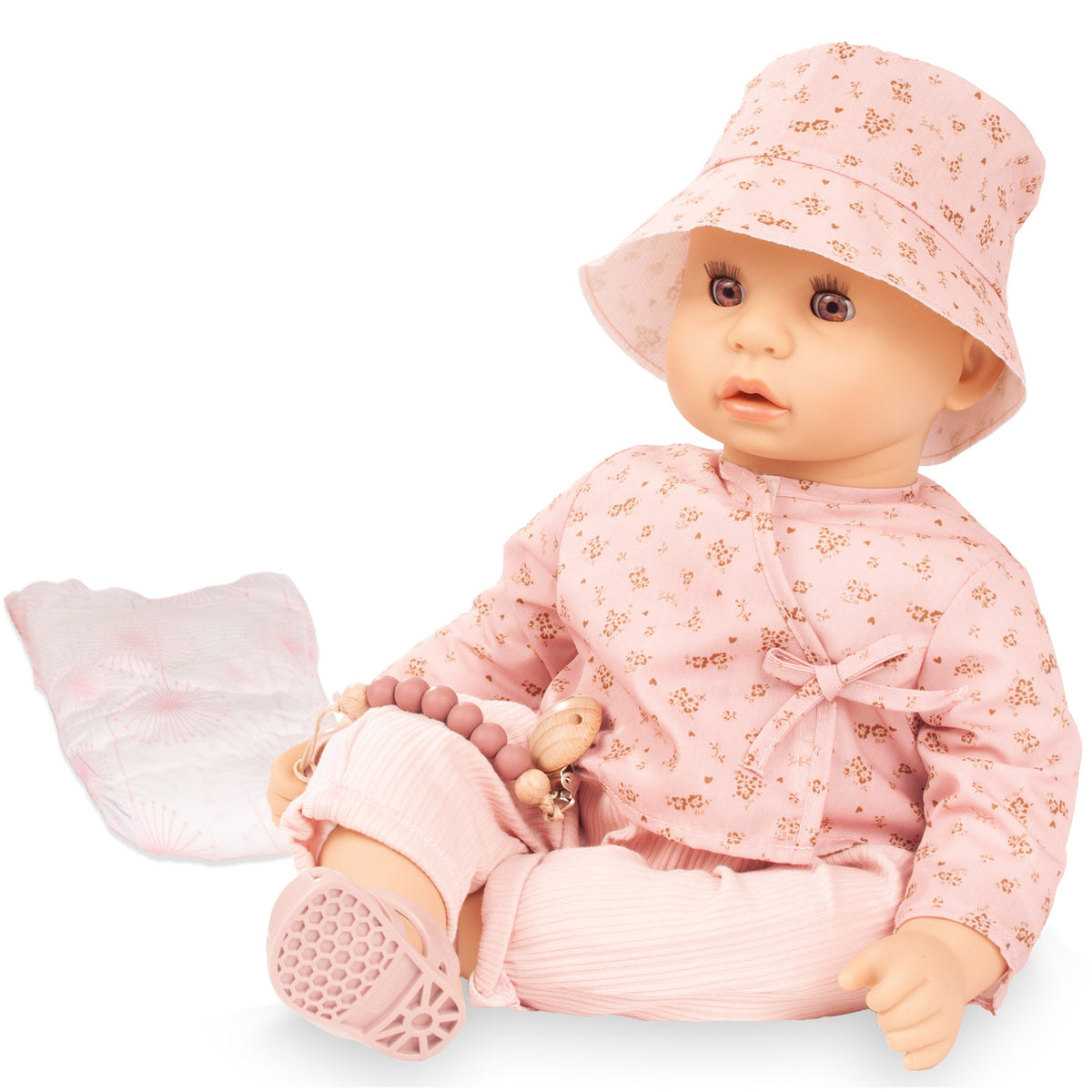 Gotz Cookie Flowers Millefleur 19 inch baby doll in pink floral outfit with hat