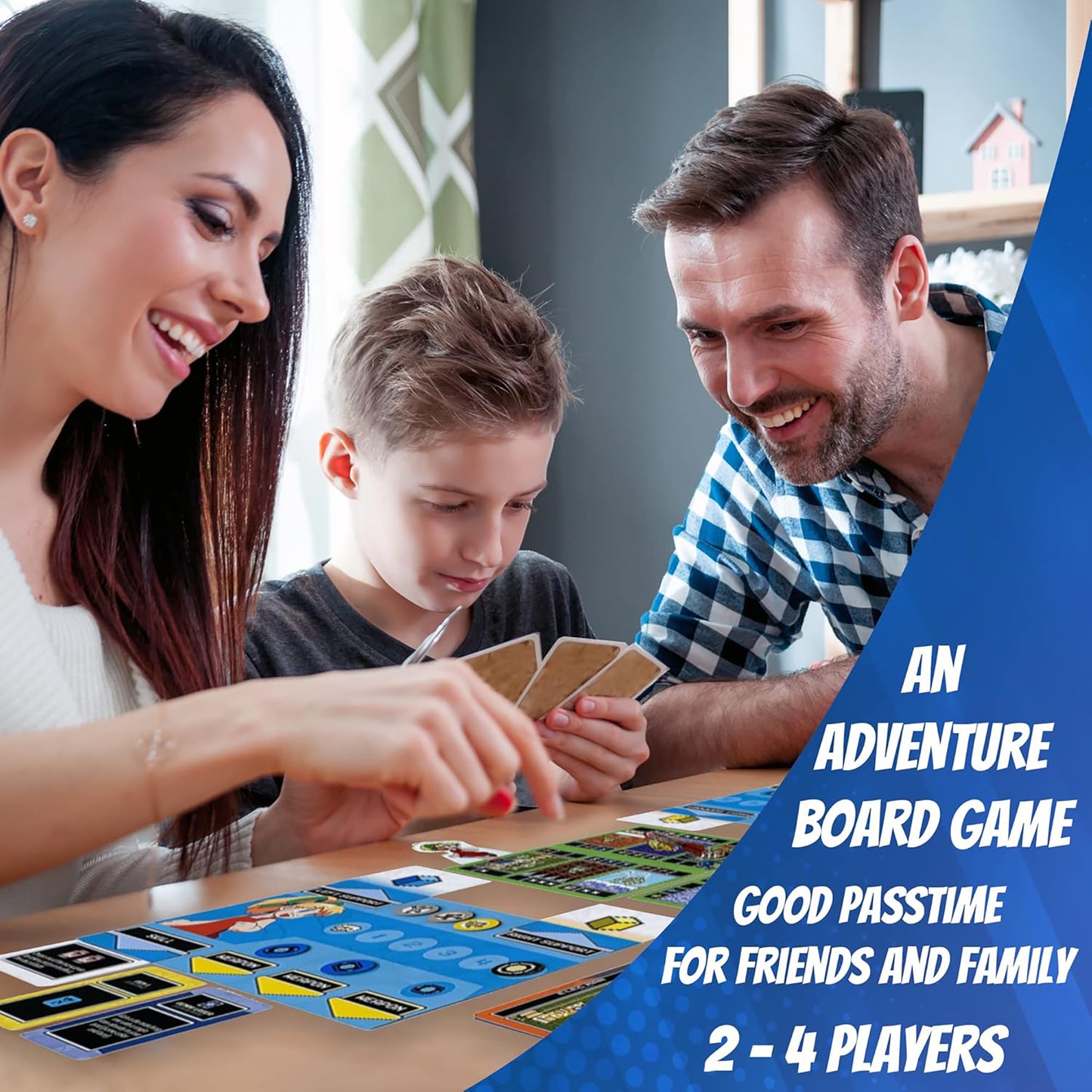Family playing Mega Man Adventures board game with cards and dice on table