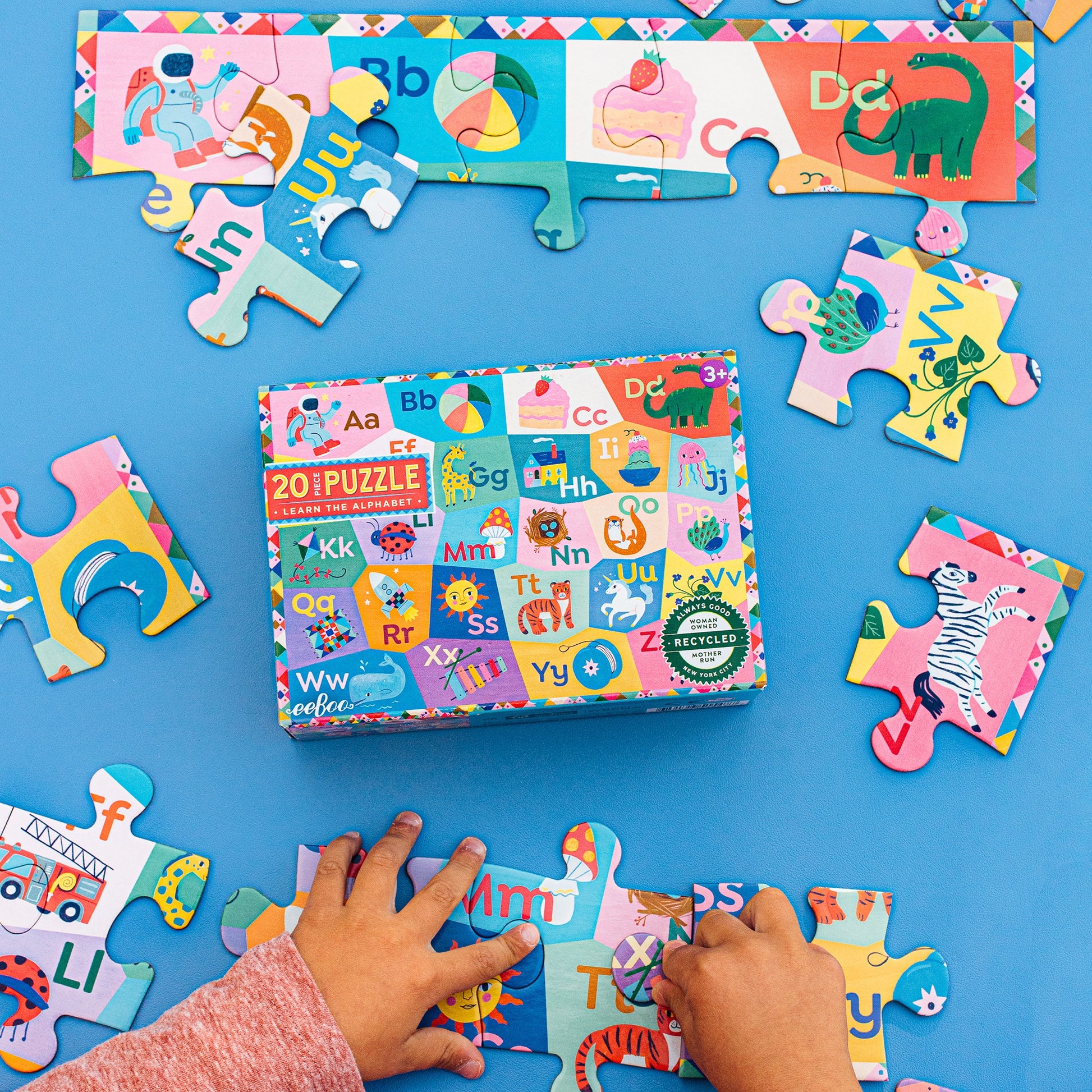 eeBoo Learn The Alphabet 20-piece puzzle with colorful oversized pieces featuring letters and objects for ages 3+