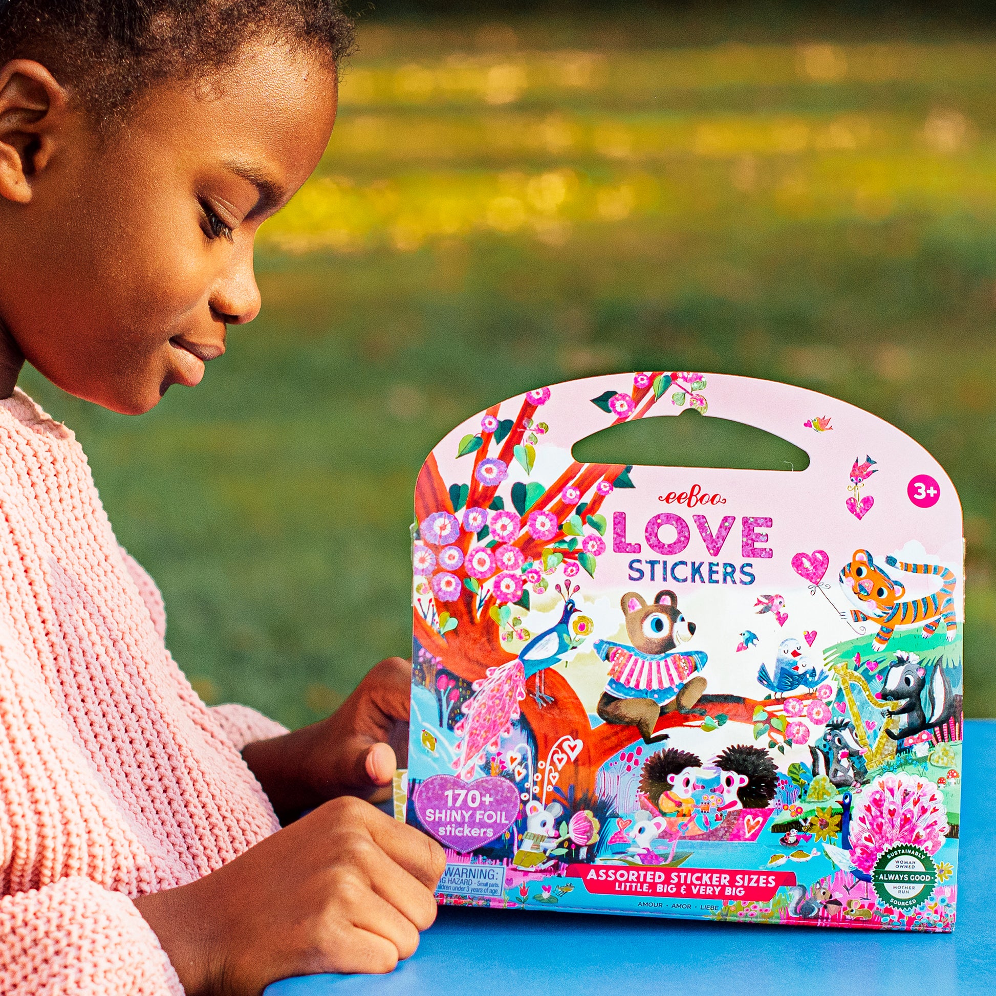 eeBoo Love Stickers pack with 170+ colorful animal and heart designs, shiny foil stickers in assorted sizes for ages 3+