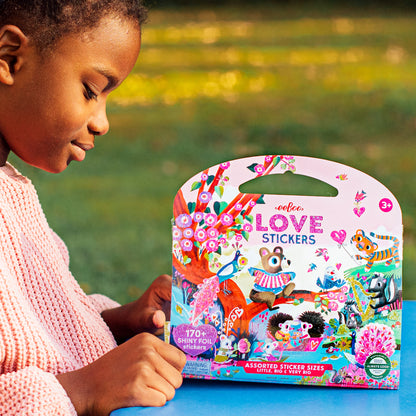 eeBoo Love Stickers pack with 170+ colorful animal and heart designs, shiny foil stickers in assorted sizes for ages 3+