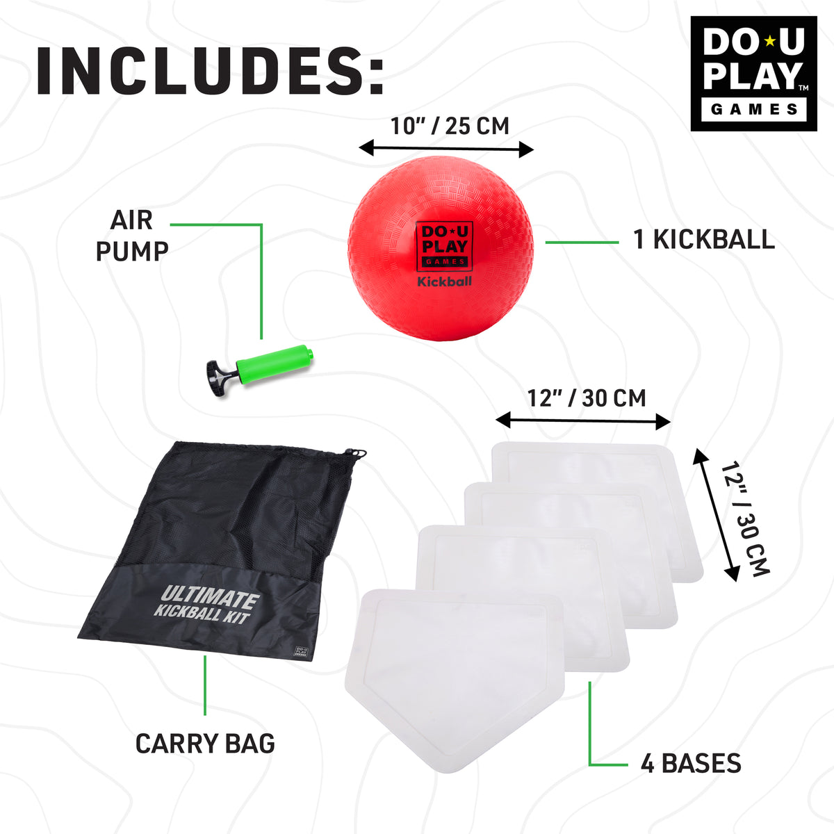Do-U-Play Kickball Kit with red ball, air pump, 4 white bases, and black carry bag