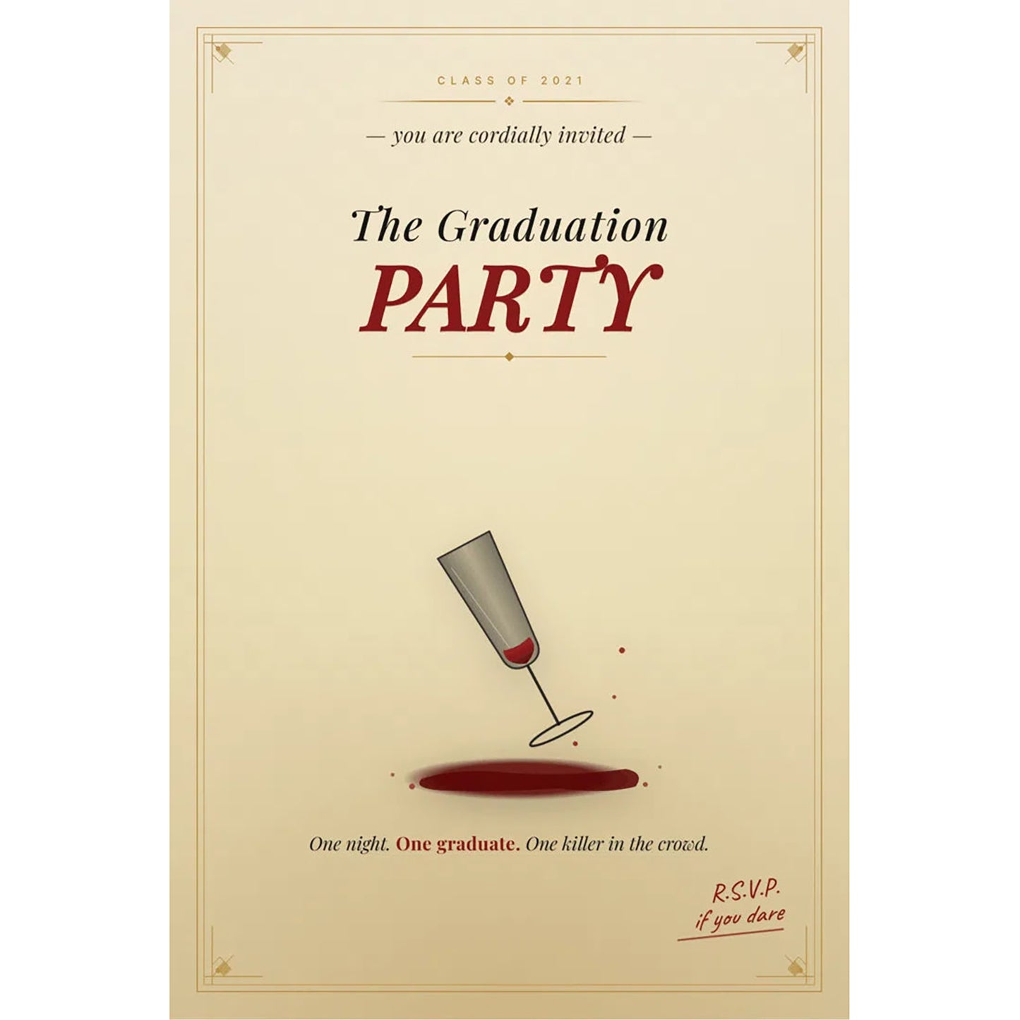 Detective For A Day Murder at the Graduation Party interactive game box with champagne glass illustration