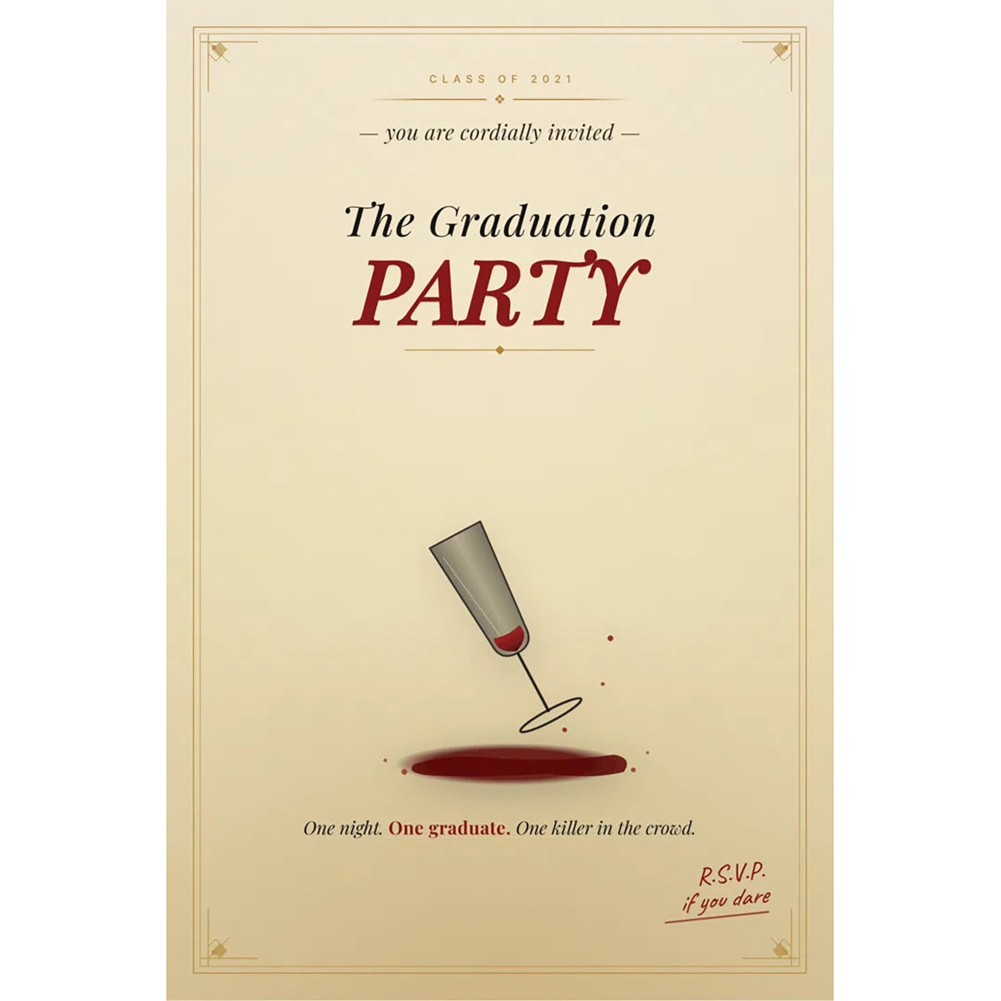 Detective For A Day Murder at the Graduation Party interactive game box with champagne glass illustration