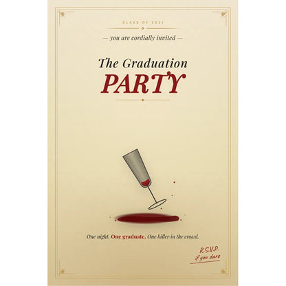 Detective For A Day Murder at the Graduation Party interactive game box with champagne glass illustration