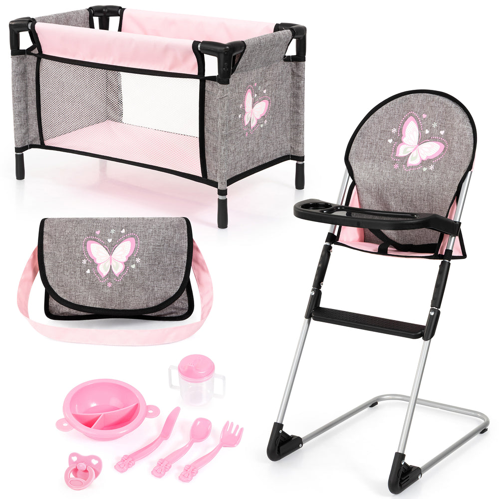 Bayer Design 9-in-1 doll travel bed set with grey and pink butterfly design, including playset accessories
