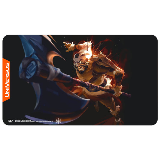 UniVersus Critical Role: Exandria Grog Strongjaw Playmat featuring an illustrated barbarian character with fiery magical effects on a dark background