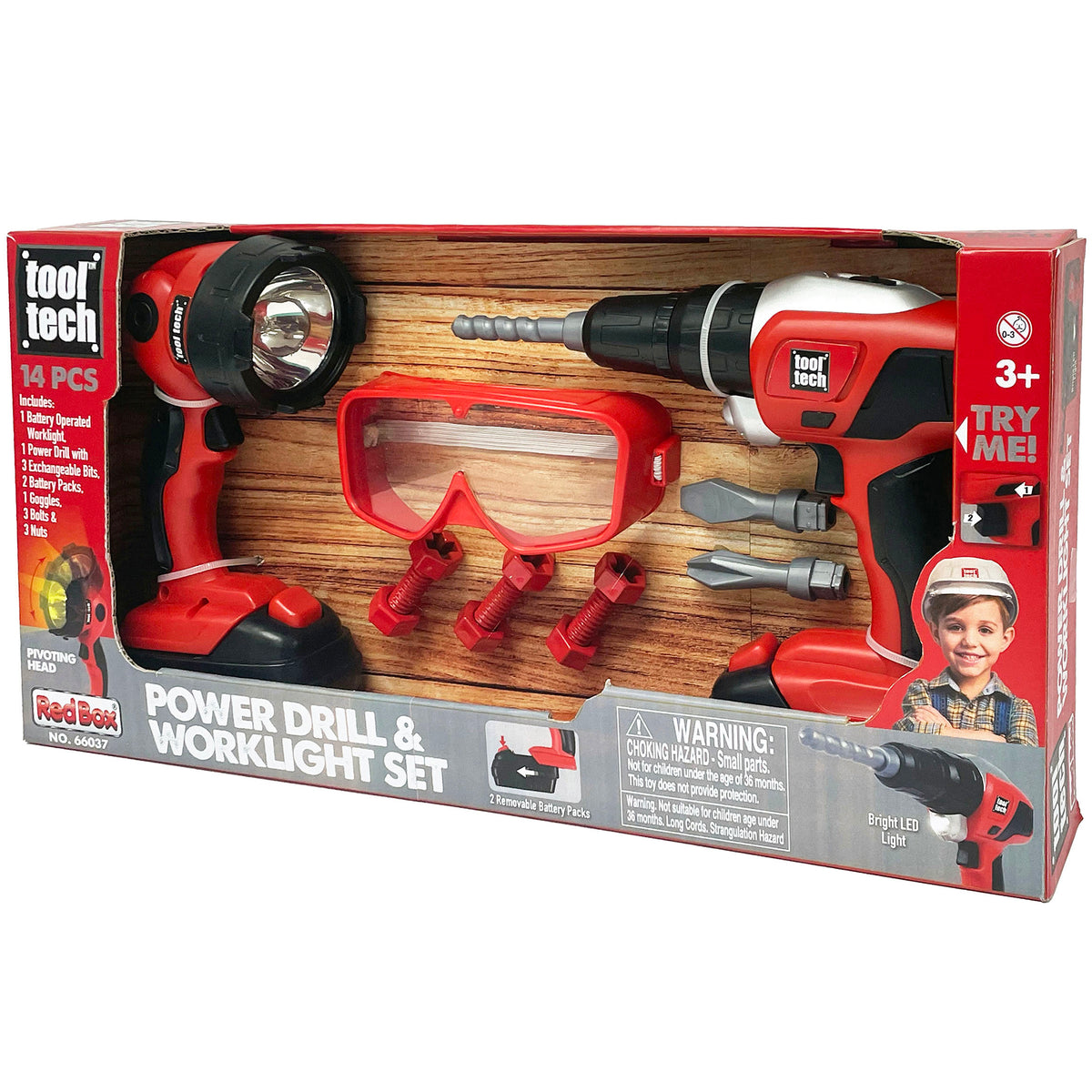 Tool Tech Power Drill & Worklight Set in red and black with drill, worklight, goggles, and accessories on packaging