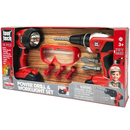 Tool Tech Power Drill & Worklight Set in red and black with drill, worklight, goggles, and accessories on packaging
