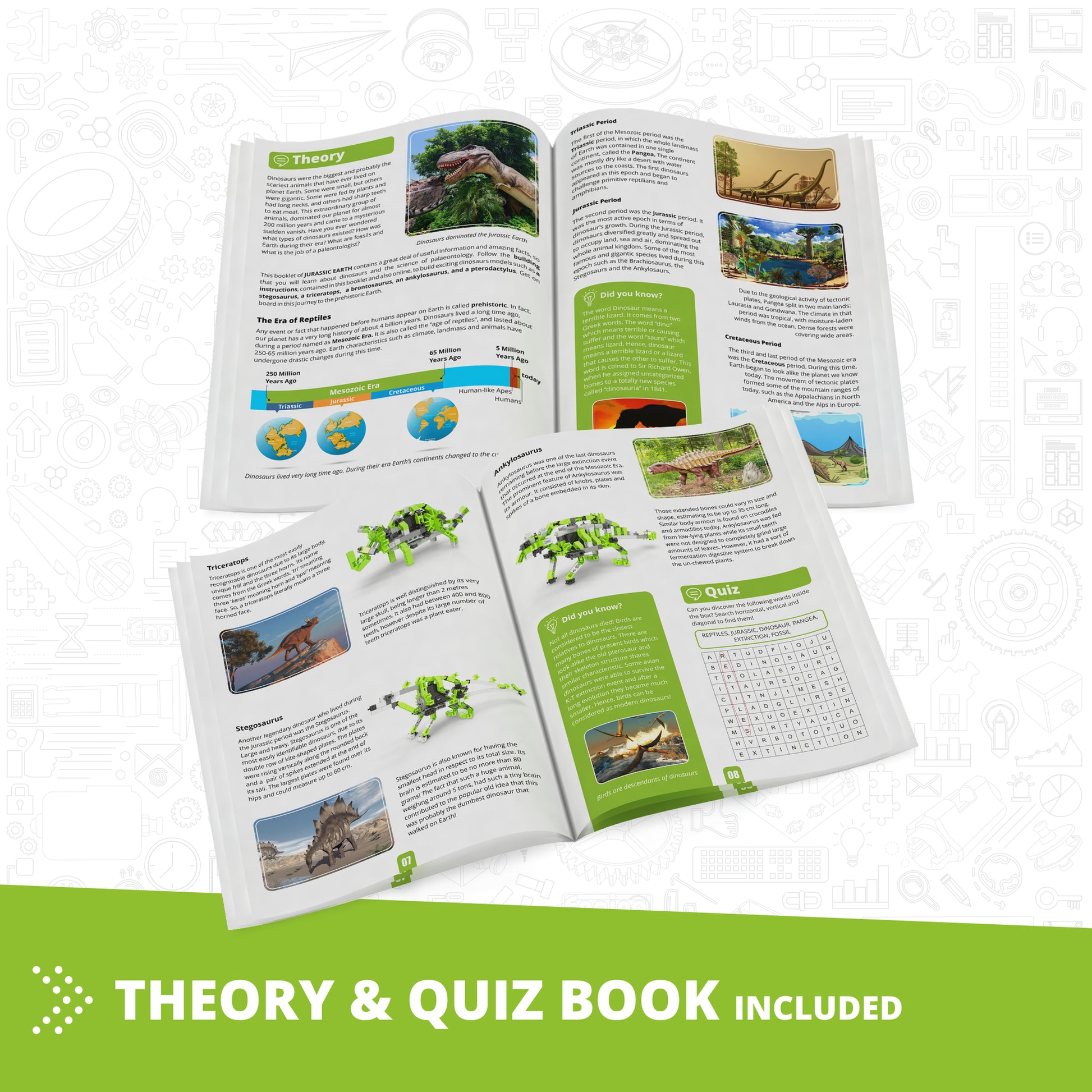 Engino Discovering STEM Paleontology set with theory and quiz book showing dinosaur models and educational content