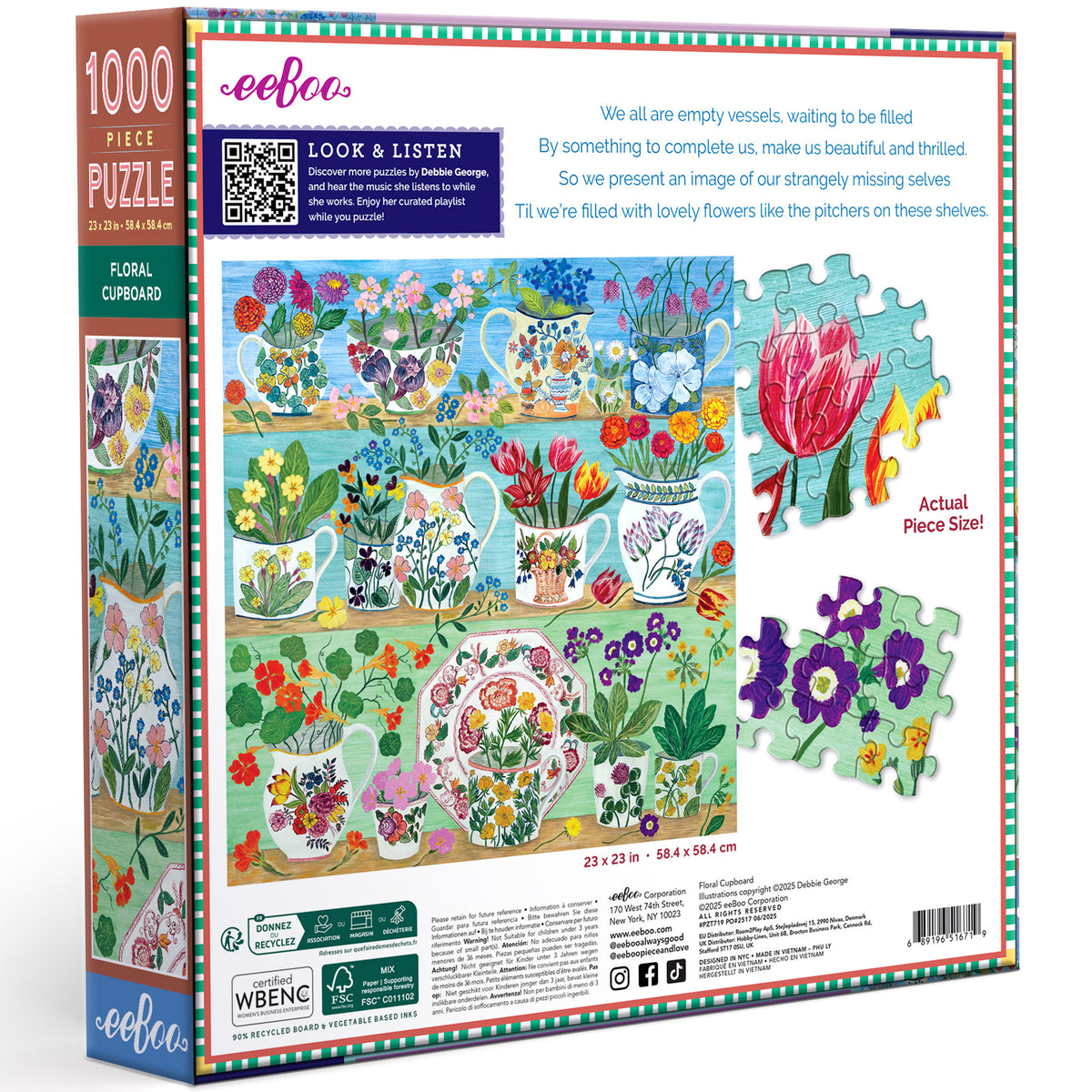 eeBoo Floral Cupboard 1000 piece puzzle featuring colorful flowers in vases on blue, green and tan background