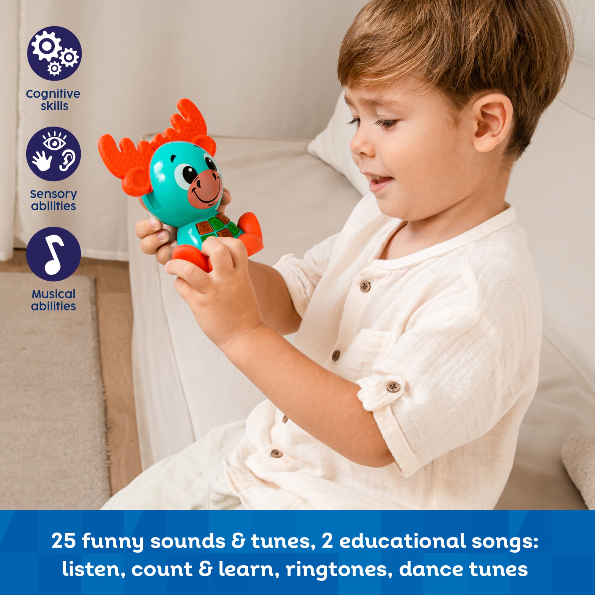 Babykins Moose turquoise and orange musical toy with lights and sounds for toddlers