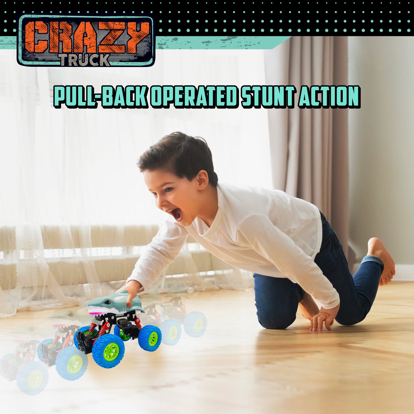 Crazy Truck Big Wheels Shark Truck - 4.5" Friction-Powered Stunt Vehicle for Kids 3+