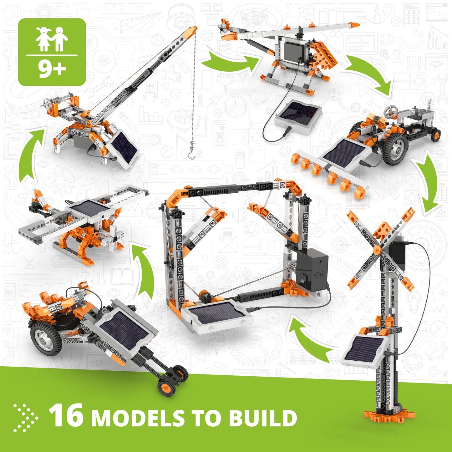 Engino Solar Power 16-model building set with orange and gray brick pieces and solar panels