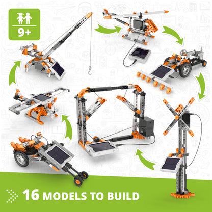 Engino Solar Power 16-model building set with orange and gray brick pieces and solar panels