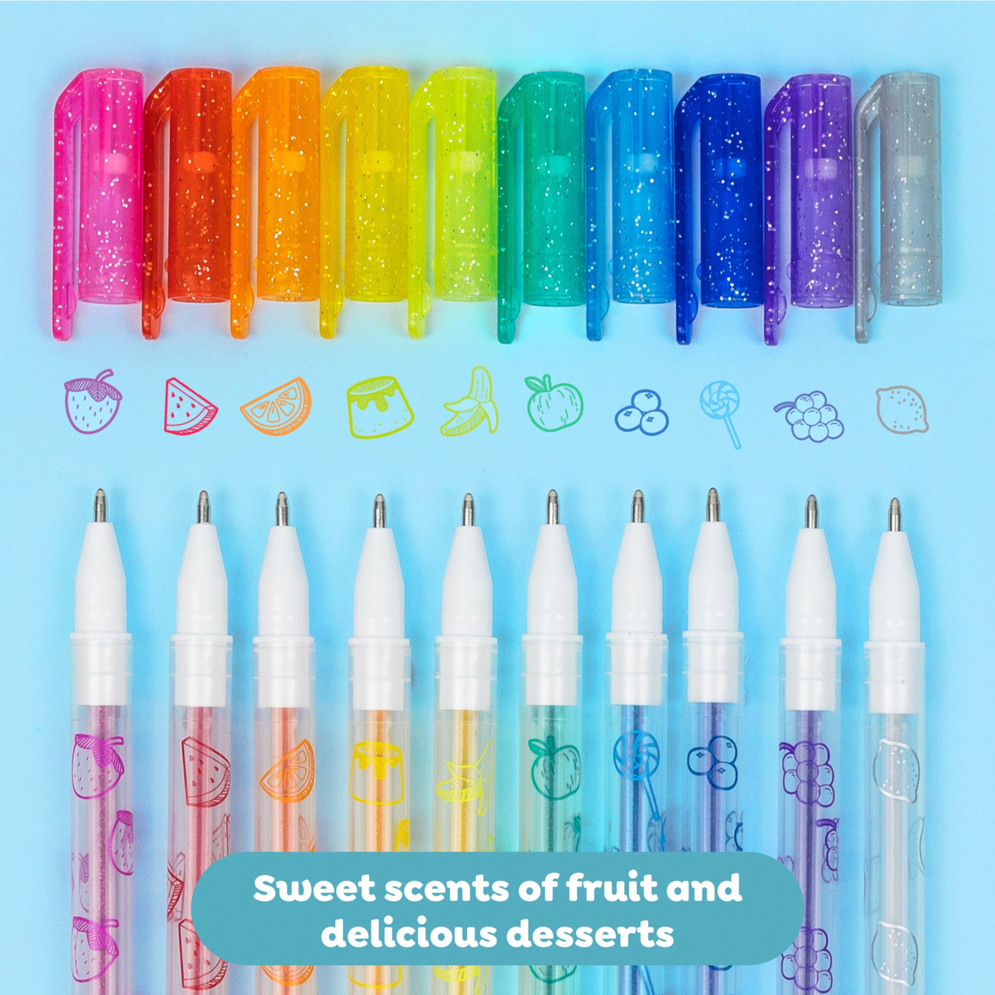 Tiger Tribe 10-pack shimmer scented gel pens in rainbow colors with fruity dessert designs
