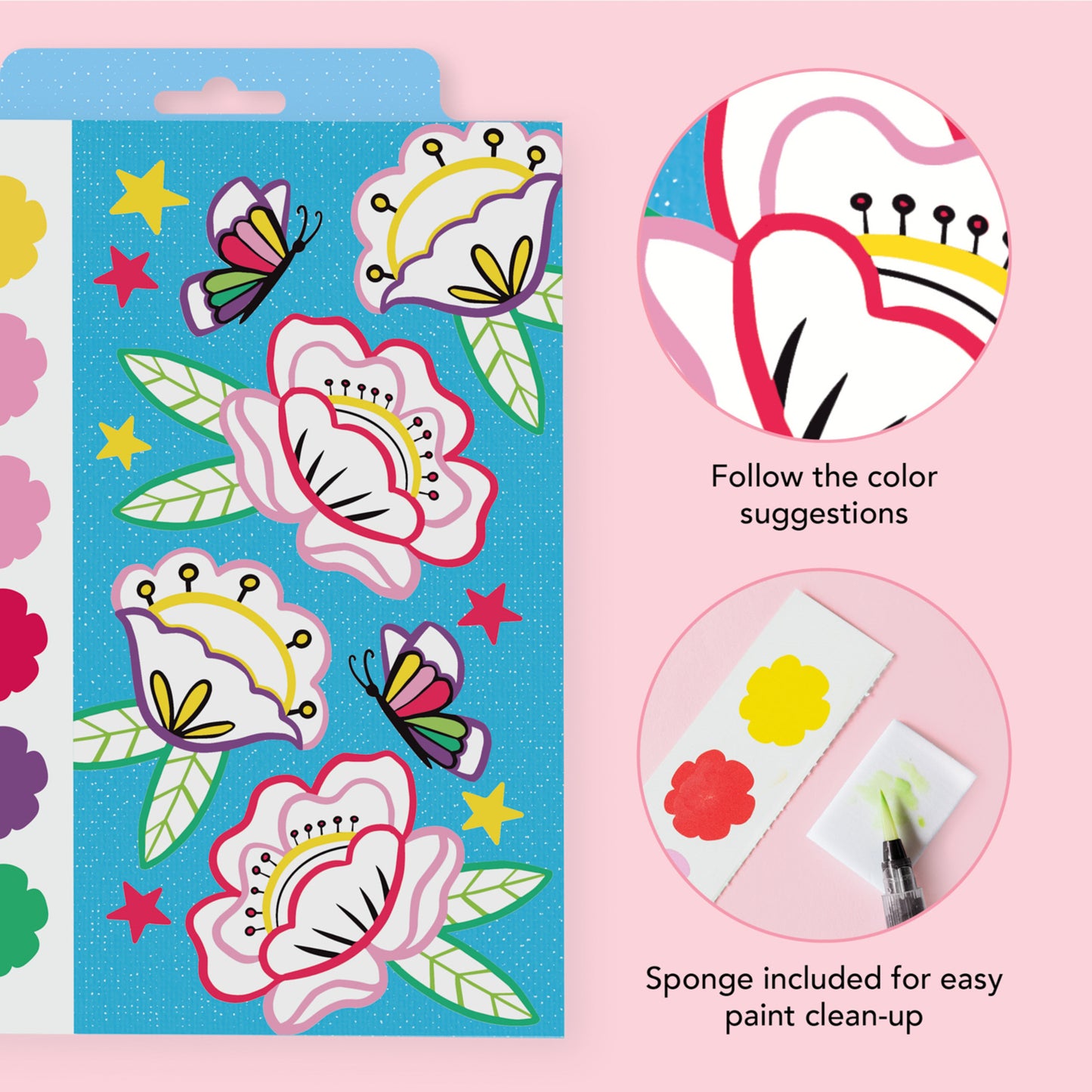 Tiger Tribe watercolor art set with butterfly and flower designs, includes color guide and sponge for easy cleanup