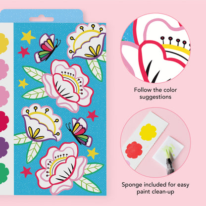 Tiger Tribe watercolor art set with butterfly and flower designs, includes color guide and sponge for easy cleanup