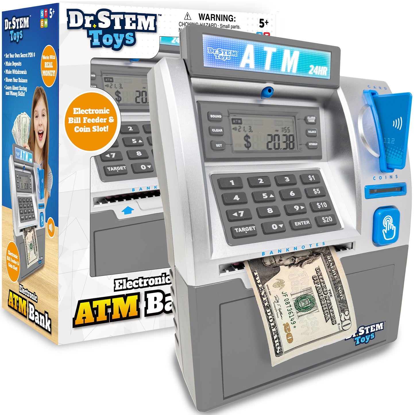 Dr. STEM Deluxe ATM Savings Bank - Real Money Management with Digital LCD, Coin Counting, Bill Feeder, PIN Security, STEM Learning for Ages 5+